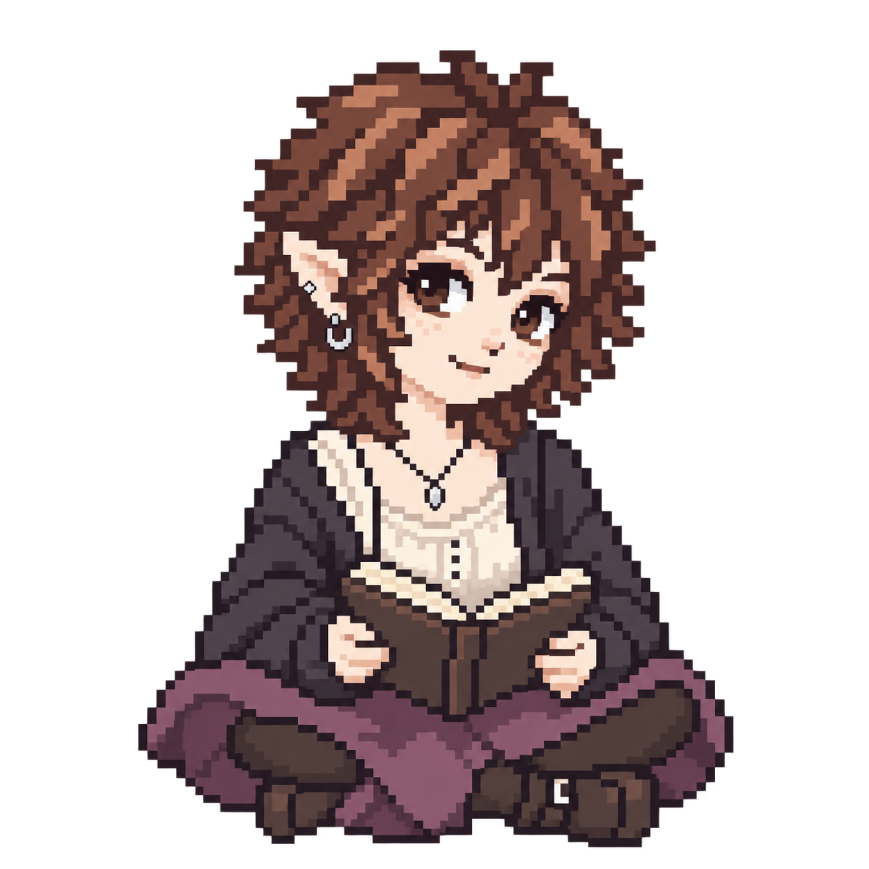 Arynvela, a cozy pixel-art elf with a brown shag, fair freckled skin, a cream blouse, charcoal cardigan and plum skirt, reading a notebook.